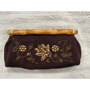 Michael Kors Dark Brown Beaded Clutch with Bamboo Handles with COA